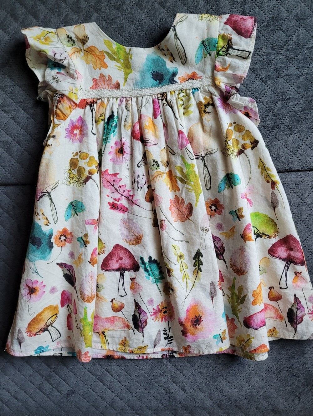 *next baby* Cream Watercolor Floral & Mushroom Dress with Multicolor Accents
